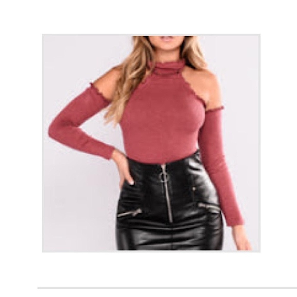 Fashion Nova Mock Ruffle bodysuit (Red brown)
